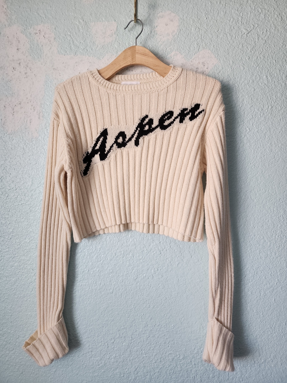 Lovers + Friends Ribbed Cropped Sweater - Cream with Black Script